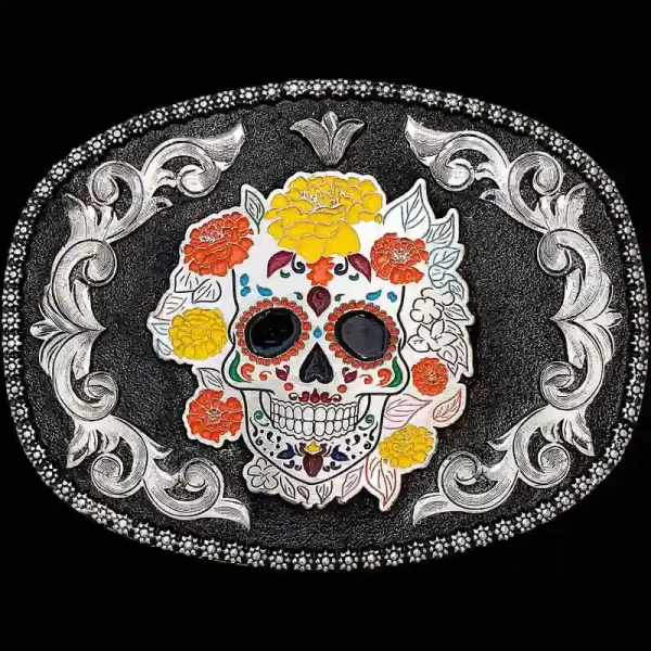 "Our beautiful Santa Maria buckle is crafted with a gorgeous Sugar Skull to pay homage to Vaquero style! This Buckle is built on a matted, German Silver base with an antique finish. It is detailed with a berry edge and German Silver scrolls. 

Cust